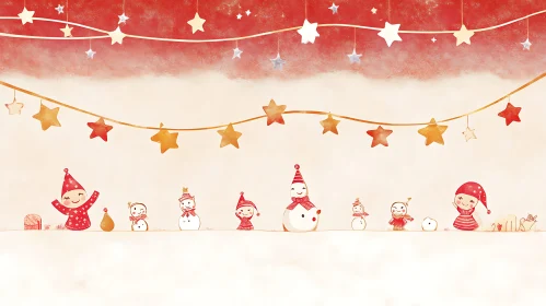 Joyful Holiday Scene with Snowmen and Stars