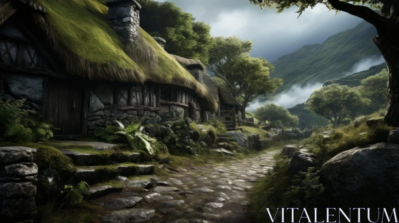 Enchanting Old Village with Stone and Trees AI Image