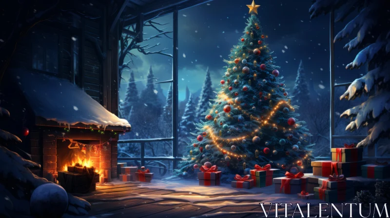 Festive Cabincore Christmas Scene with Fireplace and Tree AI Image