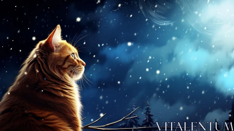 Ginger Cat in Snowy Forest Painting AI Image