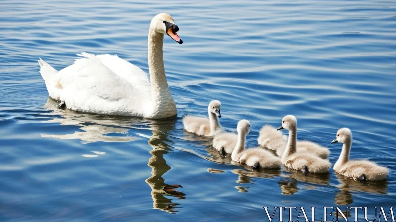 Majestic Swan Family Swimming in a Serene Lake AI Image