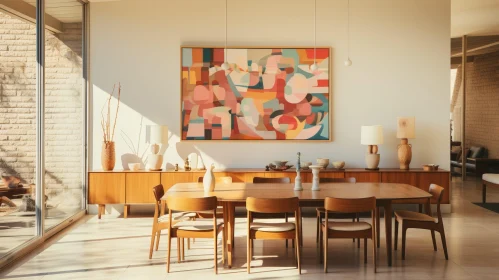 Modern Dining Room Interior with Wooden Table and Floral Decor