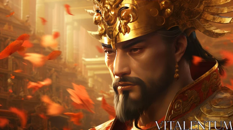 Regal Man Portrait with Golden Crown and Red Robes AI Image