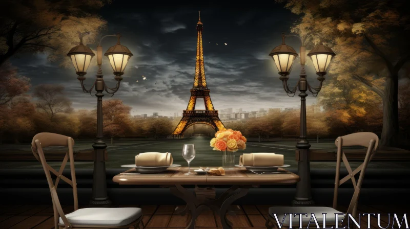 Romantic Dinner at French Restaurant with Eiffel Tower in Paris AI Image