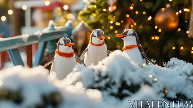 Three Penguins in Snow | Christmas Tree | Heartwarming Scene AI Image