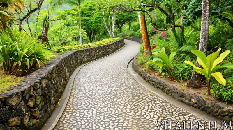 Tranquil Stone Path in a Lush Tropical Garden AI Image