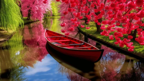 Vibrant Red Boat Floating in Cherry Blossom-Filled Fantasy Landscape