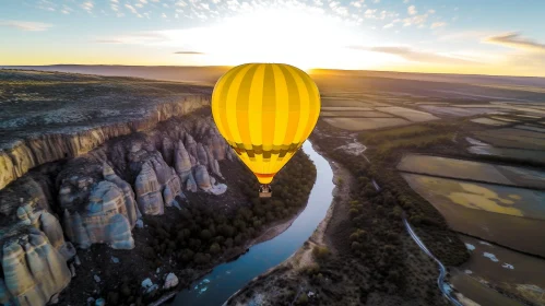Yellow Hot Air Balloon Flying over Majestic Canyon | Romantic Riverscapes