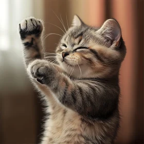 Adorable Kitten With Paws Raised and Eyes Closed