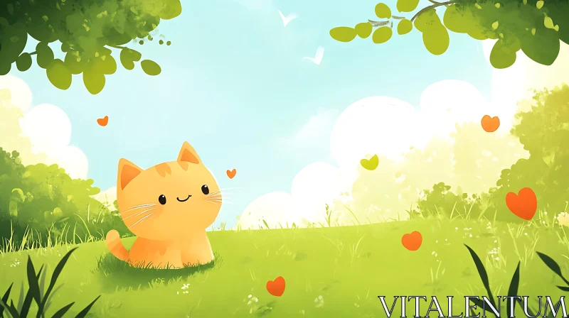 Adorable Orange Cat in a Nature Cartoon Scene