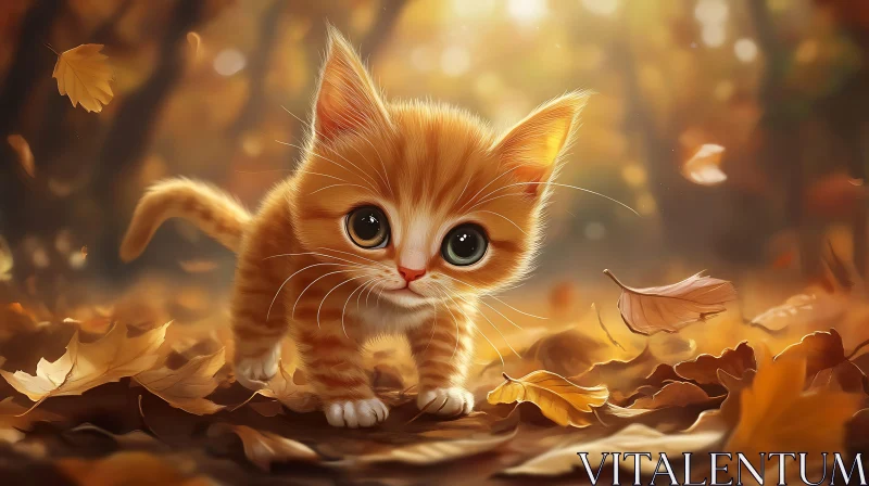 Cute Kitten in Autumn Leaves