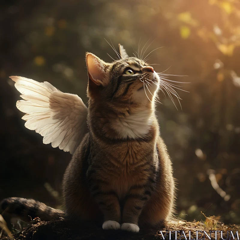 Ethereal Feline with Wings in Sunlit Woods