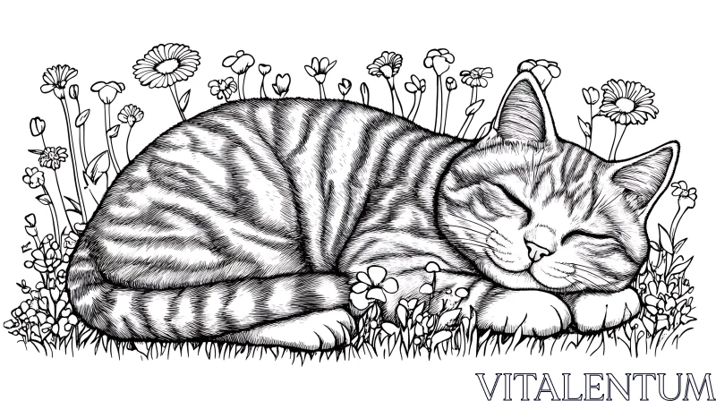 Peaceful Cat in Floral Field Illustration