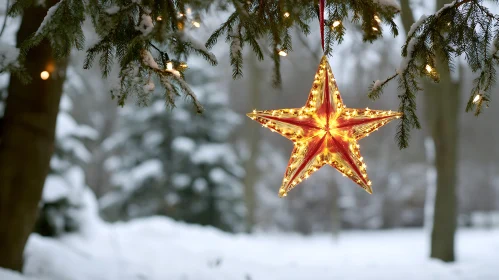 Illuminated Star Decoration Amidst Snow-Covered Trees