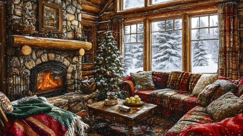 Warm Christmas Log Cabin Interior