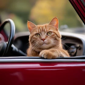 Adorable Ginger Cat in Red Car