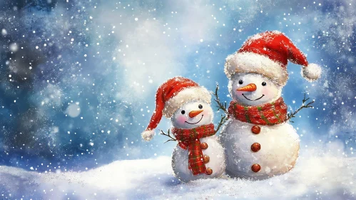 Joyous Snowmen Under Falling Snowflakes
