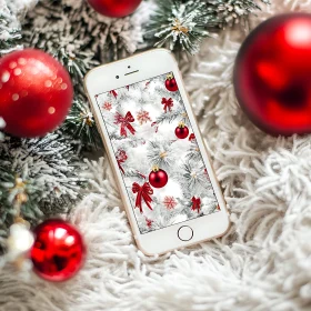 Festive Smartphone with Red Christmas Decorations