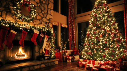 Festive Holiday Living Room with Christmas Tree and Gifts