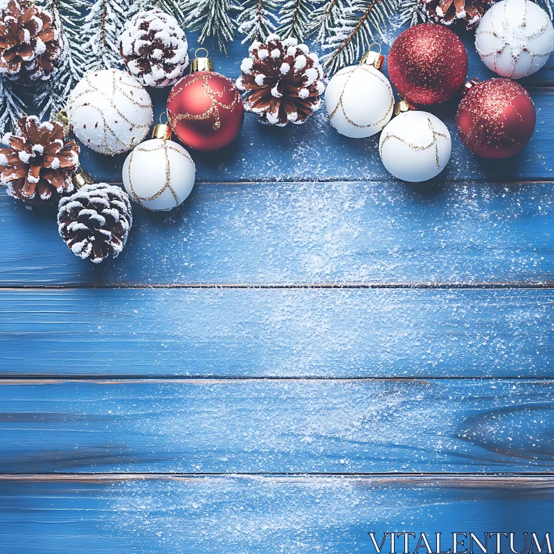 Festive Baubles and Pinecones on Snow-Covered Wood