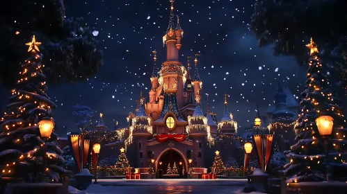 Festive Illuminated Castle amid Snowfall