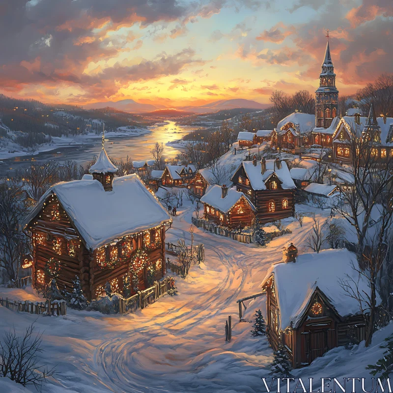 Snowy Village during Sunset