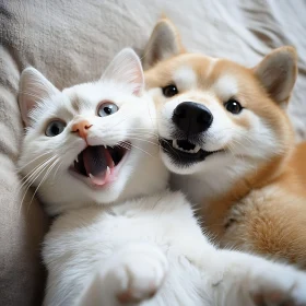 Playful White Cat and Shiba Inu