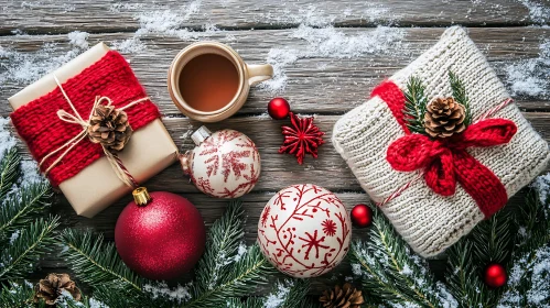 Festive Gifts and Holiday Decorations on Rustic Wood Background