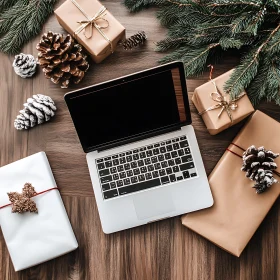 Holiday-Themed Work Setup with Presents and Pinecones