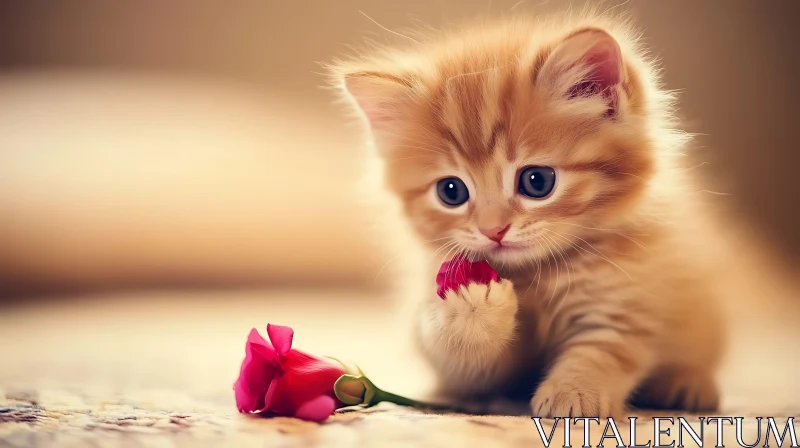 Innocent Ginger Kitten with Pink Flower
