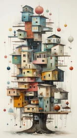 Captivating Surrealism: Tree of Houses Painting