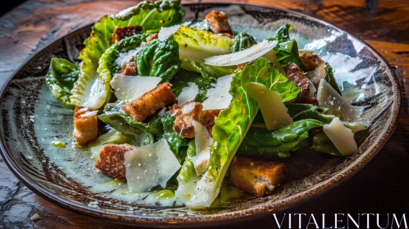 AI ART Delicious Caesar Salad on a Wooden Table