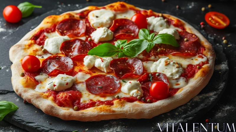 Delicious Pizza with Pepperoni, Mozzarella Cheese, and Cherry Tomatoes AI Image