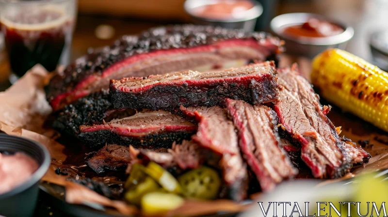 Delicious Smoked Beef Brisket with Pickles and Barbecue Sauce AI Image