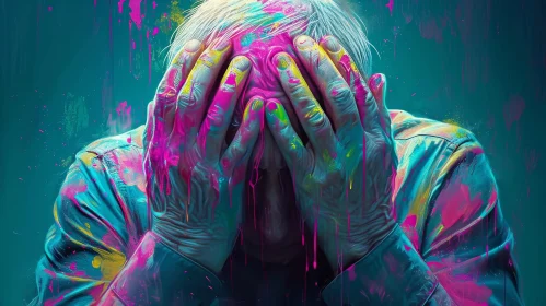 Emotional Portrait of an Elderly Man Covered in Vibrant Paint