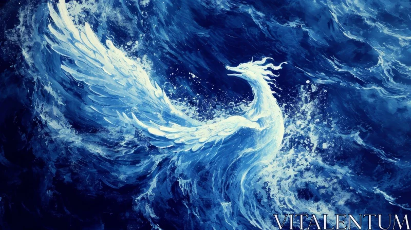 Ethereal Painting of a Water Phoenix | Majestic Creature Soaring Through Stormy Sea AI Image