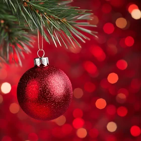 Glittery Red Ornament Hanging on Christmas Tree