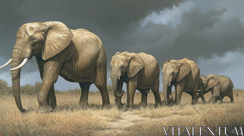 Majestic African Elephants Walking in a Grassy Plain - Artistic Painting AI Image