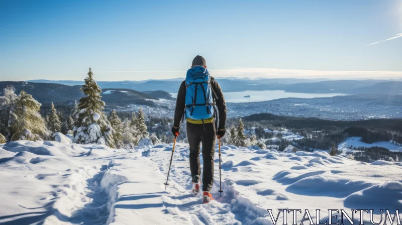Man Snowshoeing on Mountaintop - Scenic Valley View AI Image