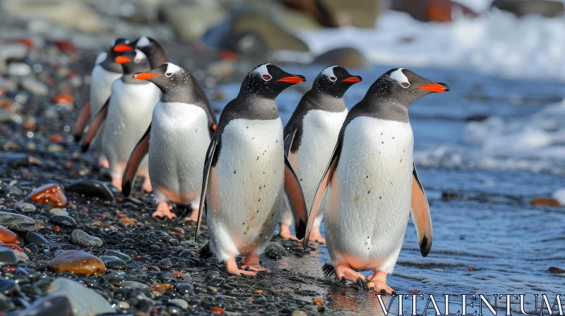 Penguins Walking on Rocky Beach AI Image