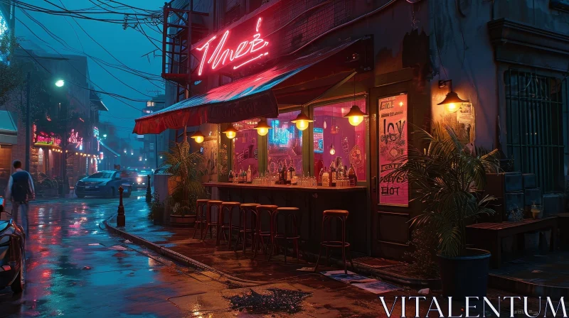 Rainy Night Street Scene with Bar Chez AI Image