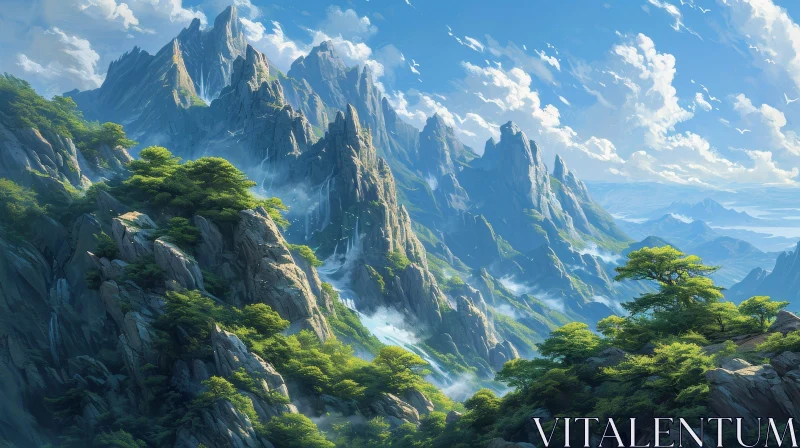 Serene Mountain Landscape with Snow-Covered Peaks and Lush Green Trees AI Image