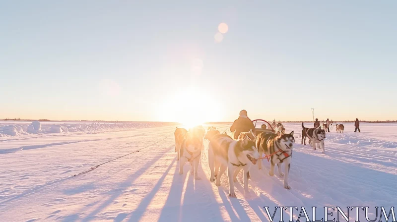 Sled Dogs Racing in Winter Snow at Sunset AI Image