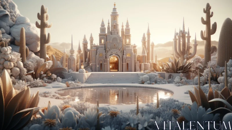 Snowy Castle in the Desert: A Magical 3D Render AI Image