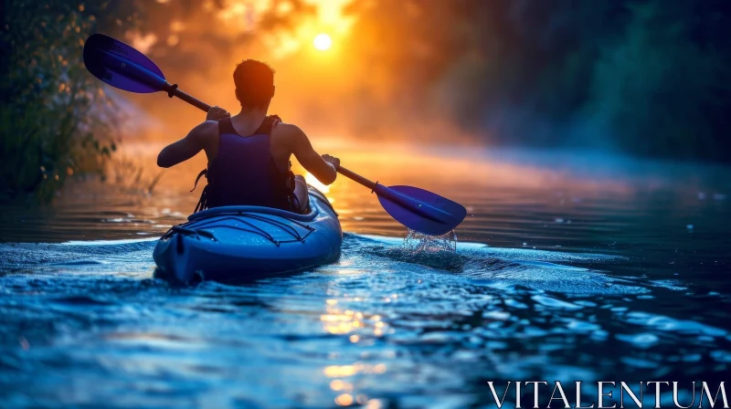 Tranquil Sunset Kayaking on Lake AI Image