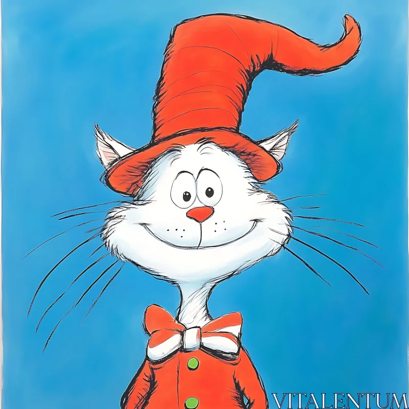 Smiling Cartoon Cat with Tall Red Hat AI Image