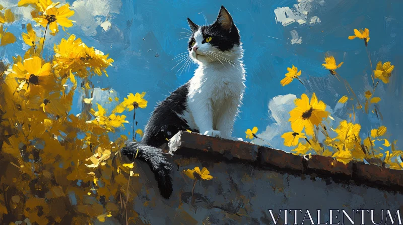 Cat on a Stone Wall with Yellow Flowers AI Image