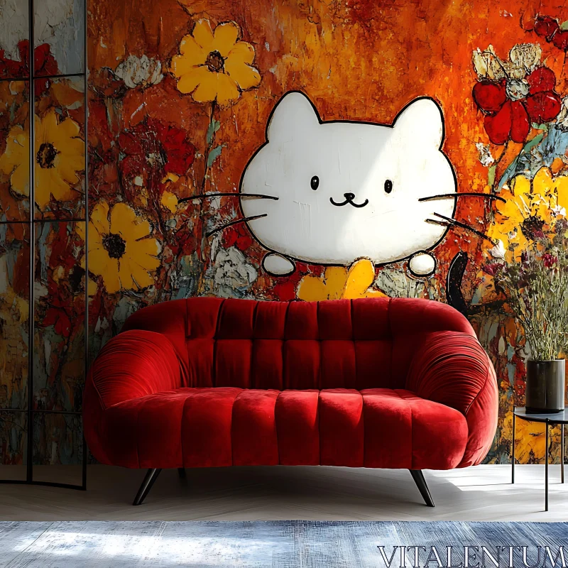 Colorful Living Room with Cat Wall Art and Red Sofa AI Image