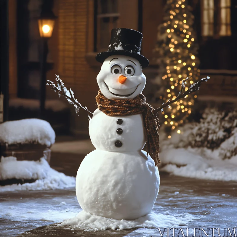 Festive Holiday Snowman at Night AI Image