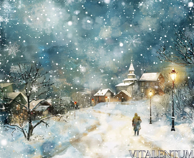 Serene Winter Evening in a Snow-Covered Village AI Image